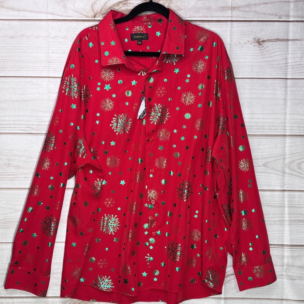 NWT DiBanGu Mens XXXL Red Metallic Green Snowflake Christmas Button Down Shirt